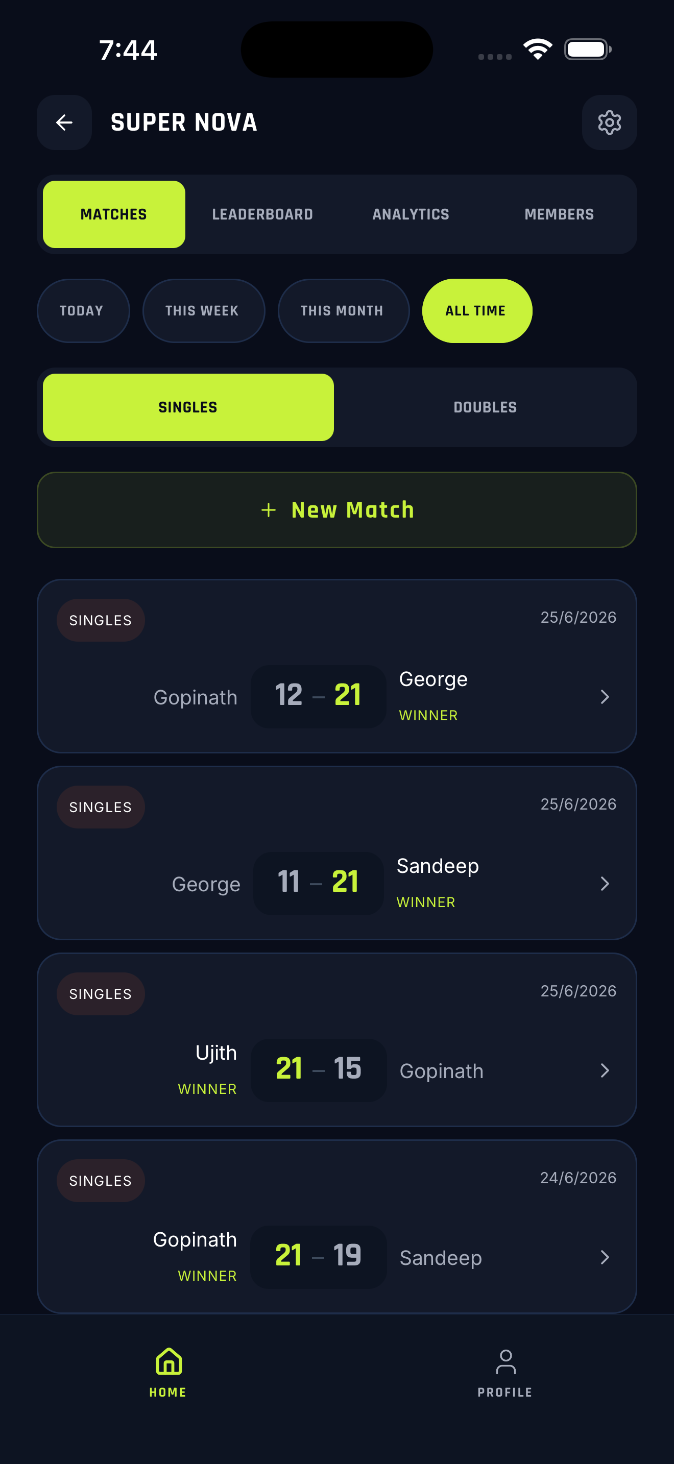 Match logging screen with singles and doubles scores